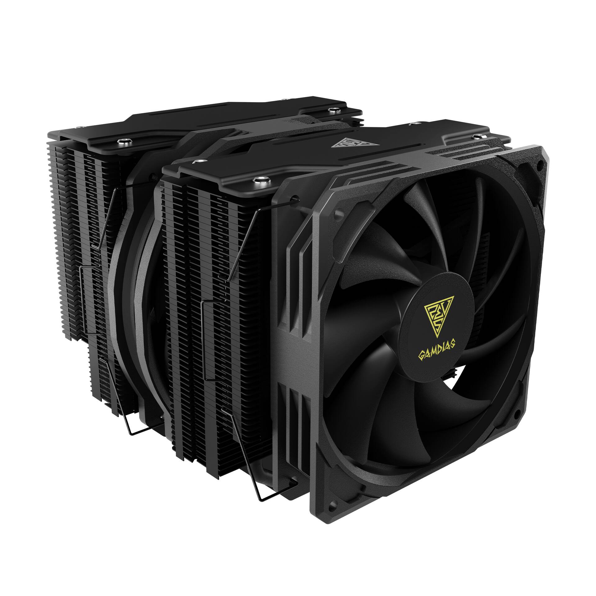 Left. GAMDIAS - BOREAS P1-720 premium CPU air cooler, dual fans dual tower, 7-pipes  270W TDP, AMD and Intel - Black.
