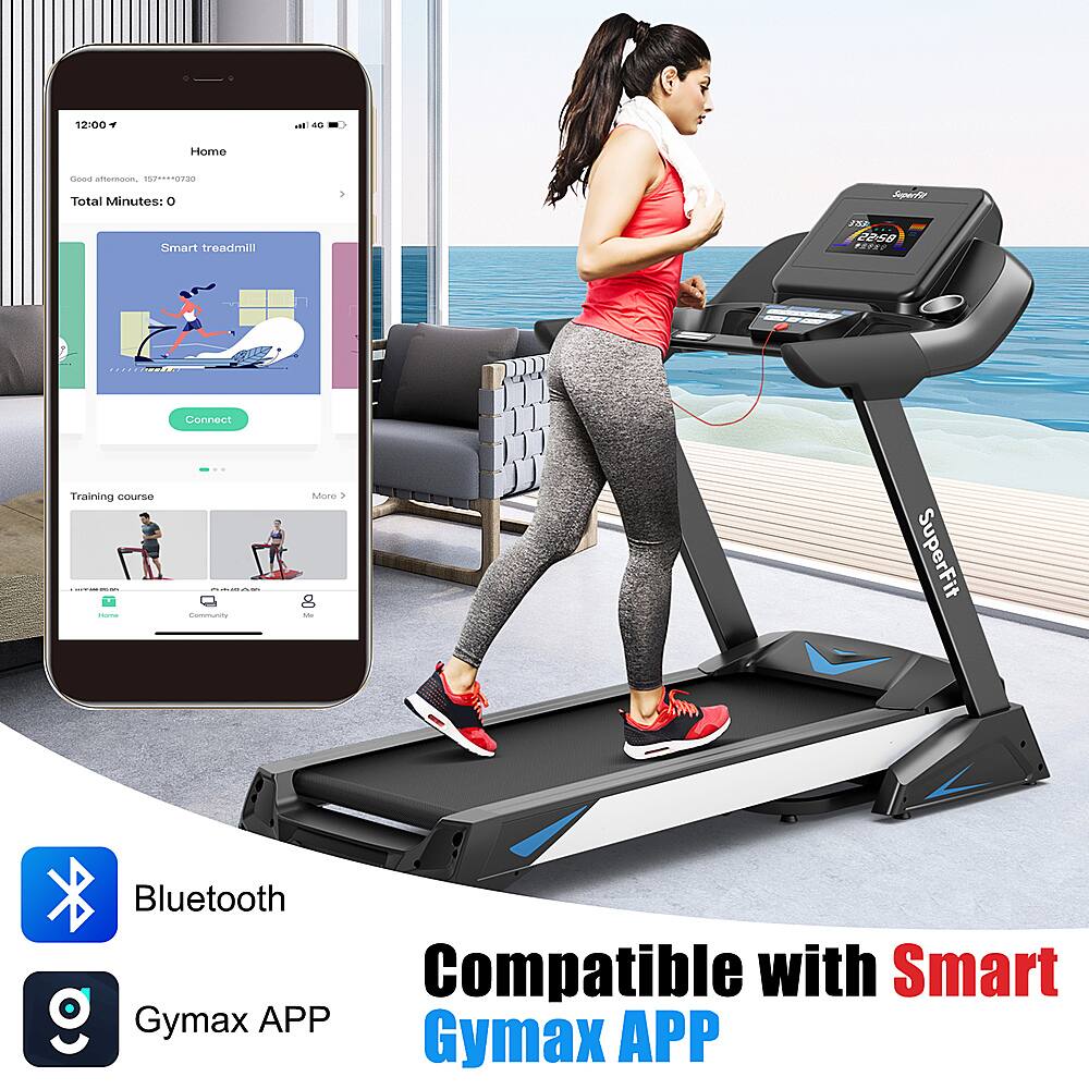 The text on the image is grouped and corrected as follows:

12:00  40 Home Total Minutes: 0 - Spin Smart treadmill 2n 2258  Connect Training course: 1 - 1 - - - - Gymax APP Bluetooth Compatible with Smart Gymax APP