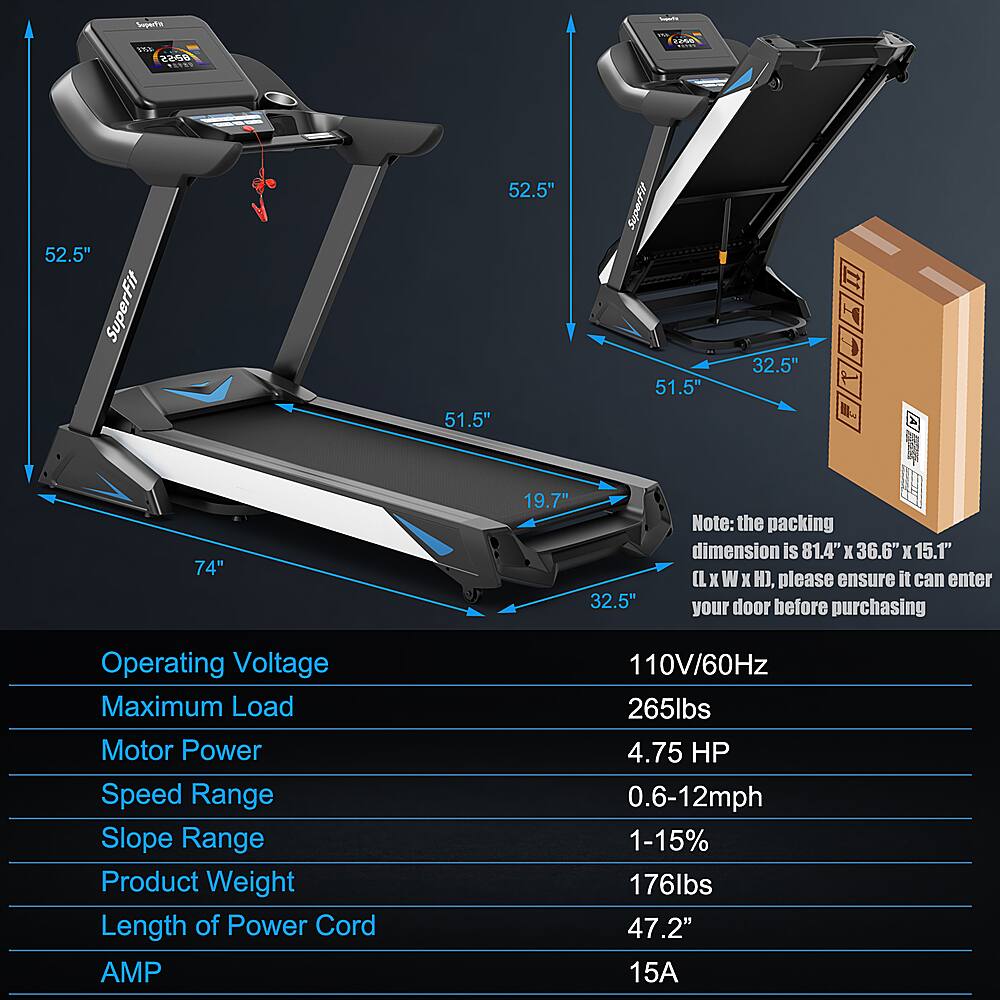 The text on the image is already grouped and correctly formatted. It provides information about the treadmill, such as the operating voltage, maximum load, motor power, speed range, slope range, product weight, length of the power cord, and other specifications.
