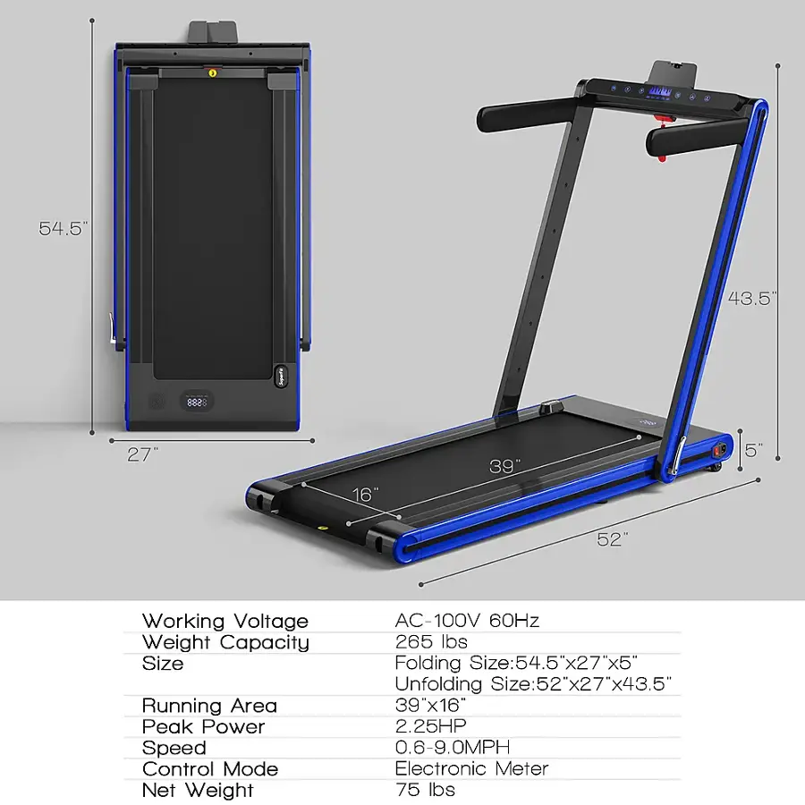 The text on the image is grouped and corrected as follows:

Working Voltage: AC-100V 60Hz
Weight Capacity: 265 lbs
Size: 54.5" x 27" x 5" (folding size)
52" x 27" x 43.5" (unfolding size)
39" x 16" (running area)
Peak Power: 2.25HP
Speed Control Mode: Electronic Meter
Net Weight: 75 lbs

These details provide information about the treadmill's features, such as its working voltage, weight capacity, size, running area, peak power, speed control mode, and net weight.