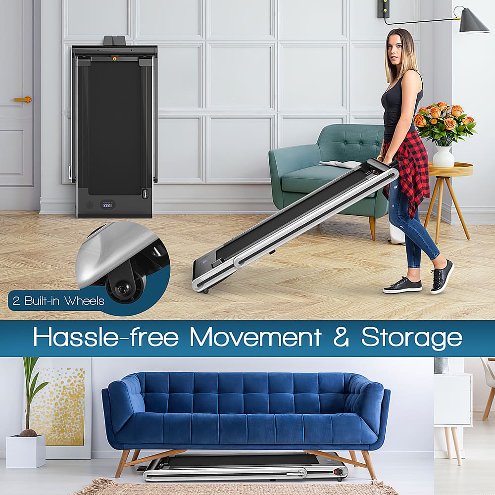 The text on the image reads: "2 Built-in Wheels Hassle-free Movement & Storage."