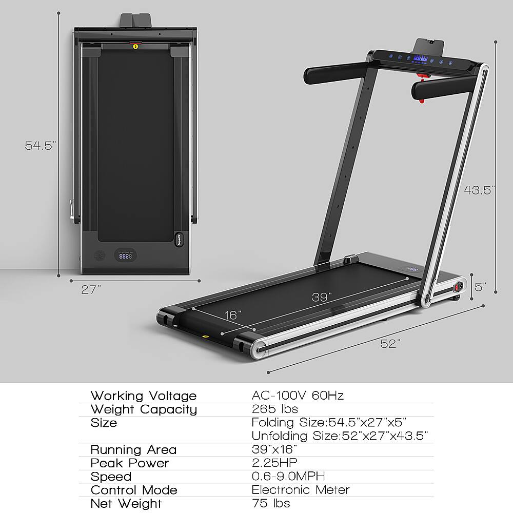 The text on the image is grouped and corrected as follows:

Working Voltage: AC-100V 60Hz
Weight Capacity: 265 lbs
Size: 54.5" x 27" x 5" (Folding)
52" x 27" x 43.5" (Unfolding)
Running Area: 39" x 16"
Peak Power: 2.25HP
Speed Control Mode: Electronic Meter
Net Weight: 75 lbs