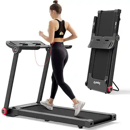 A woman is running on a treadmill, which is part of the SuperFit 750i.