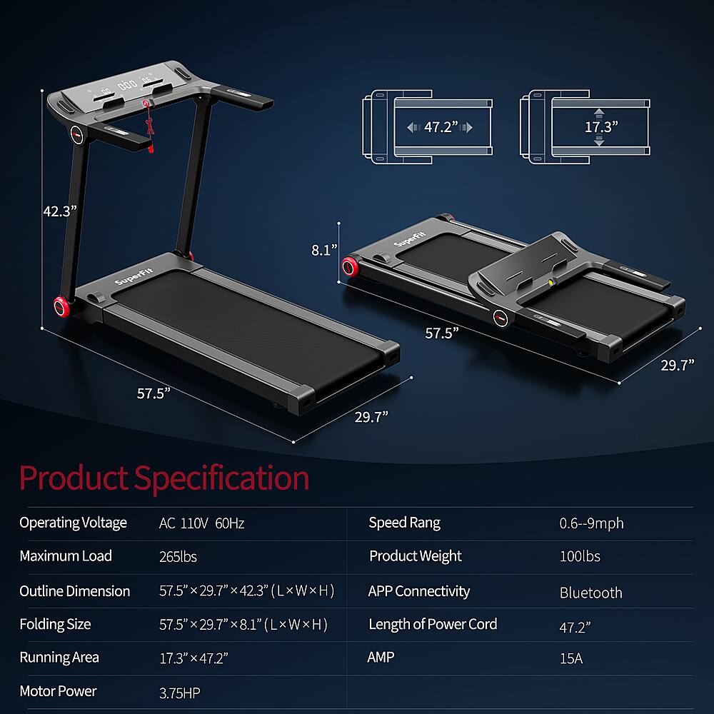 Product Specification:
Operating Voltage: AC 110V 60Hz
Speed Range: 0.6-9mph
Maximum Load: 265lbs
Product Weight: 100lbs
Outline Dimension: 57.5" x 29.7" x 42.3" (LxWxH)
APP Connectivity: Bluetooth
Folding Size: 57.5" x 29.7" x 8.1" (LxWxH)
Length of Power Cord: 47.2"
Running Area: 17.3" x 47.2" x 0.6"
Motor Power: 3.75HP

The image shows a treadmill with a blue background and a red text that reads "Product Specification." The text is grouped and corrected to provide a clear and concise description of the treadmill's features and specifications.