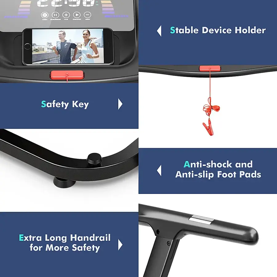 The text on the image is grouped and corrected as follows:

1. Stable Device Holder
2. Safety Key
3. Anti-shock and Anti-slip Foot Pads
4. Extra Long Handrail for More Safety