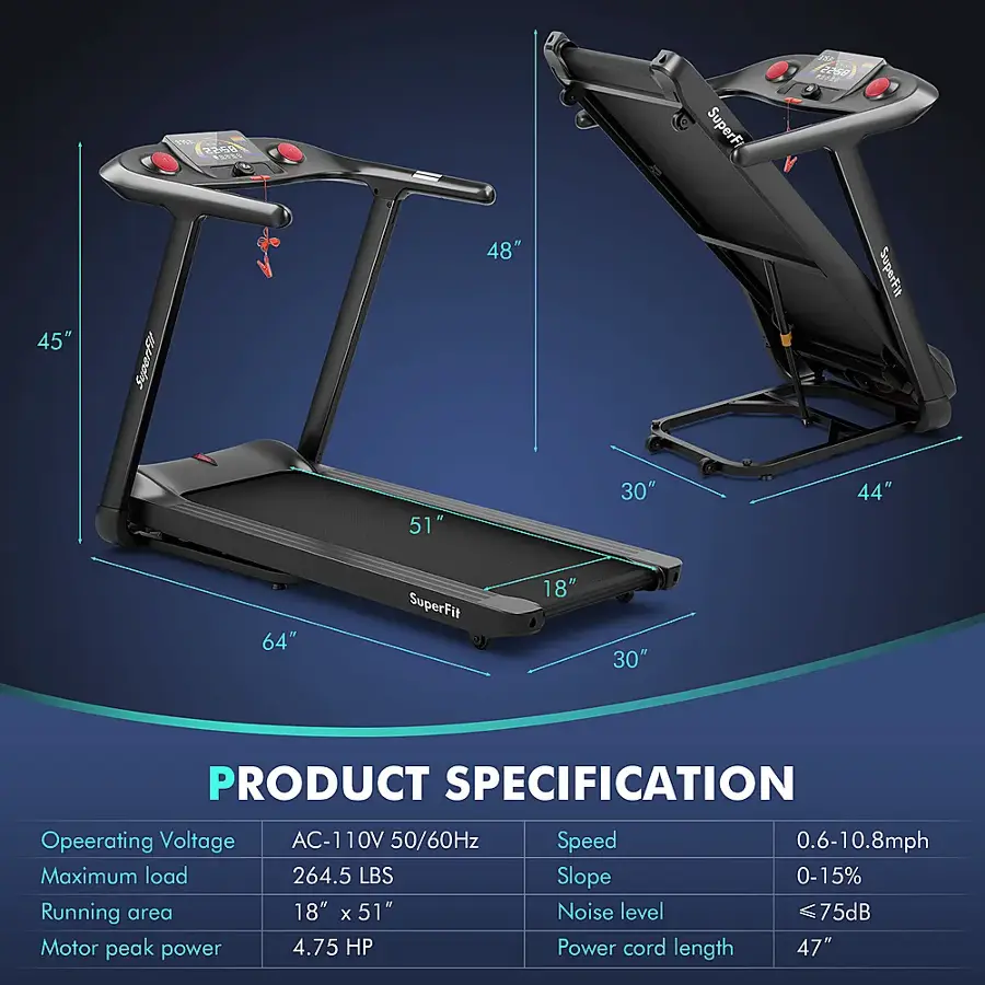 PRODUCT SPECIFICATION Operating Voltage AC-110V 50/60Hz Speed 0.6-10.8mph Maximum load 264.5 LBS Slope 0-15% Running area 18" x 51" Noise level <75dB Motor peak power 4.75 HP Power cord length 47"
