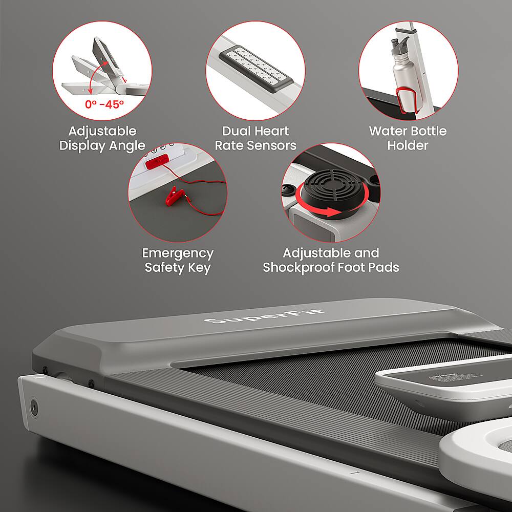 The text on the image is grouped as follows:

1. Adjustable Display Angle
2. Dual Heart Rate Sensors
3. Water Bottle Holder
4. Emergency Safety Key
5. Adjustable and Shockproof Foot Pads
6. SuperFt