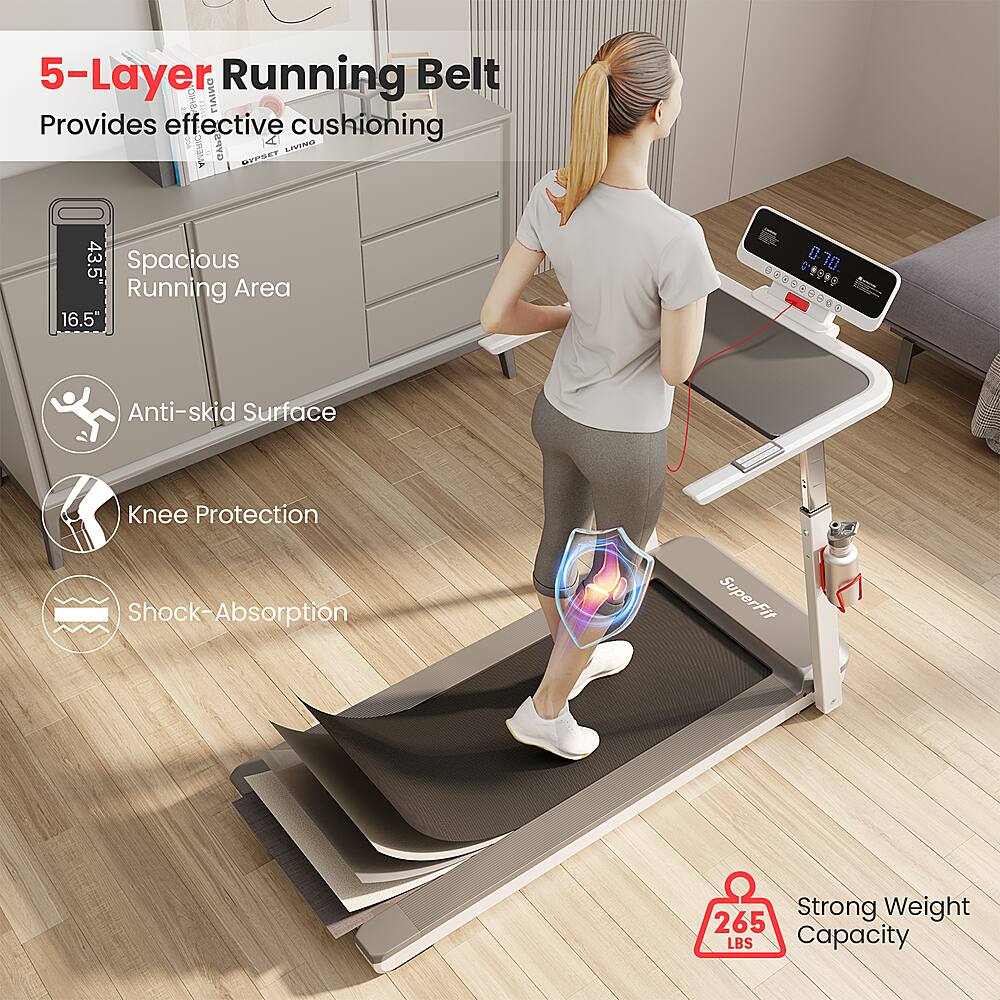 5-Layer Running Belt IHa AMO Provides effective cushioning. 43.5 Spacious Running Area. 16.5 D . 2  00 - O Anti-skid Surface. Knee Protection. Shock-Absorption. SuperFit 265 Strong Weight LBS Capacity.