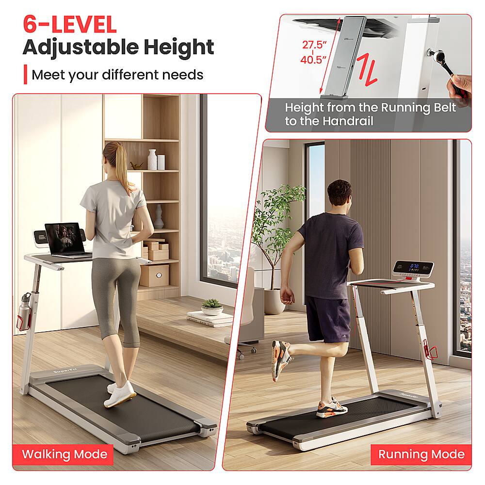 The image features a man and a woman using a treadmill in a room. The treadmill has an adjustable height feature, allowing users to choose between 27.5" and 40.5" heights. The man is using the treadmill in running mode, while the woman is using it in walking mode. The image also shows a laptop and a potted plant in the room, adding to the overall ambiance of the space.