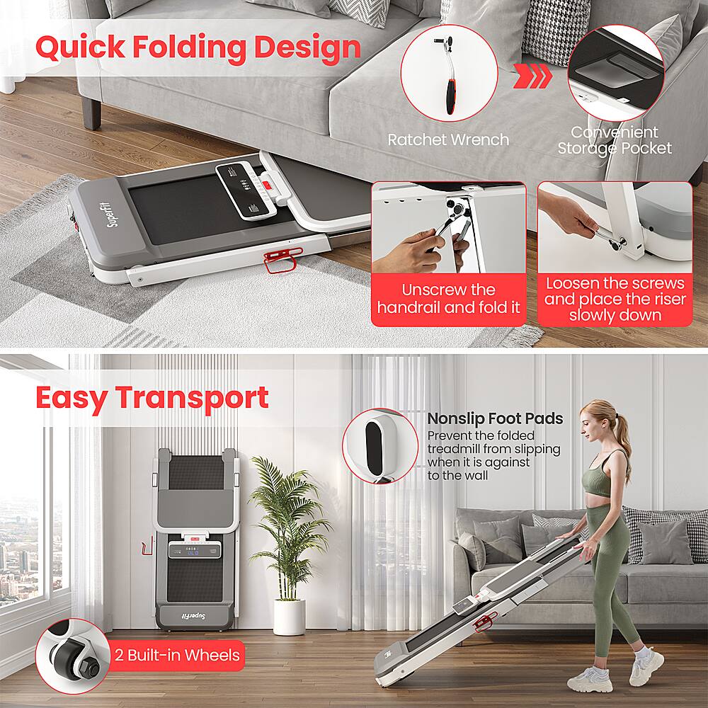 The text on the image describes the features of a foldable treadmill. The features include a quick folding design, a ratchet wrench for easy use, convenient storage with a pocket, and a superfit design that allows for easy unscrewing and folding of the handrail. The treadmill also has nonslip foot pads for added safety and stability, and it is designed for easy transport with built-in wheels.
