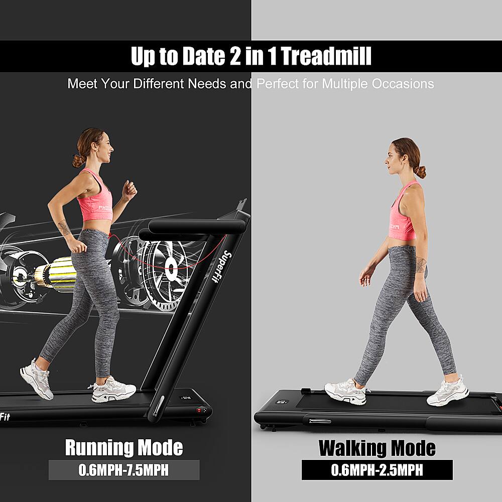 Up to Date 2 in 1 Treadmill: Meet Your Different Needs and Perfect for Multiple Occasions. Running Mode: 0.6MPH-7.5MPH. Walking Mode: 0.6MPH-2.5MPH.