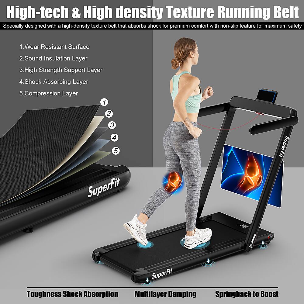 High-tech & High density Texture Running Belt Specially designed with a high-density texture belt that absorbs shock for premium comfort with non-slip feature for maximum safety. Features include:

1. Wear Resistant Surface
2. Sound Insulation Layer
3. High Strength Support Layer
4. Shock Absorbing Layer
5. Compression Layer
6. Toughness
7. Shock Absorption
8. Multilayer Damping
9. Springback to Boost