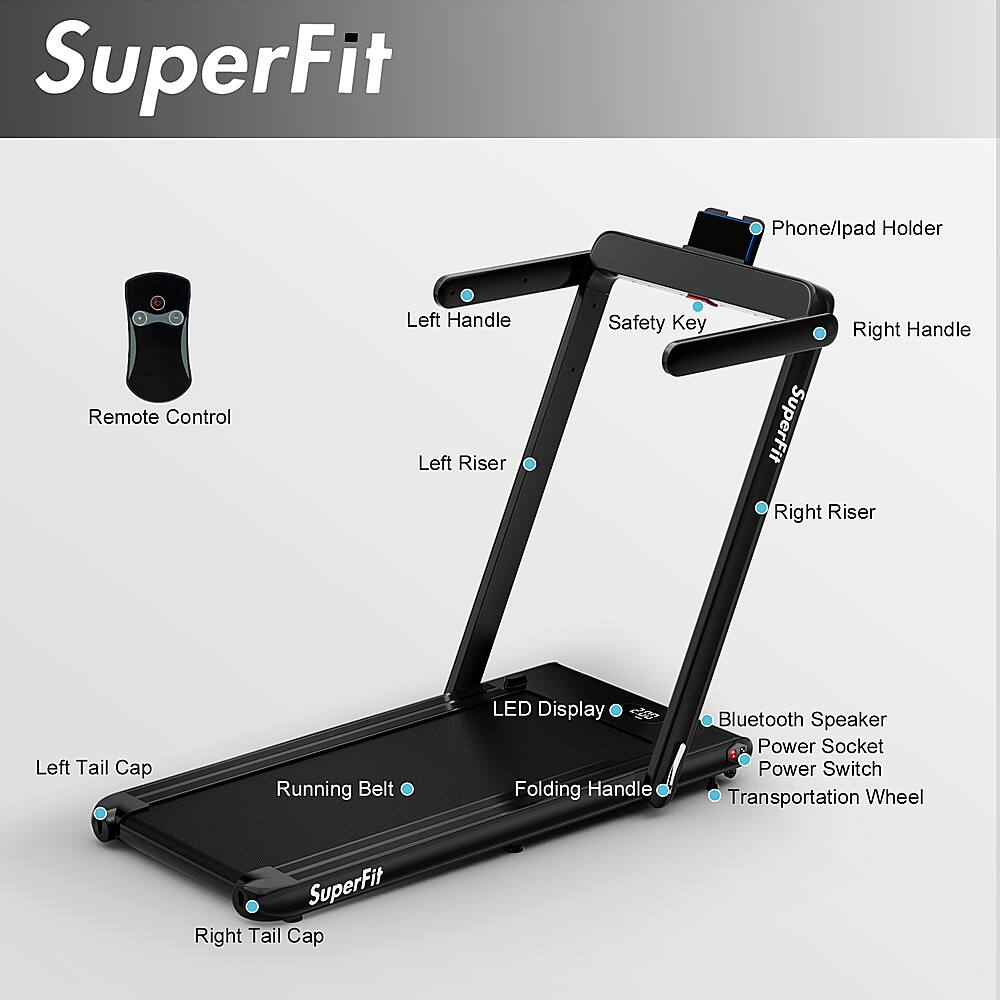 SuperFit Phone/lpad Holder Remote Control Left Handle Left Riser Safety Key Right Handle SuperFit Right Riser Left Tail Cap Running Belt LED Display Folding Handle Bluetooth Speaker Power Socket Power Switch Transportation Wheel SuperFit Right Tail Cap