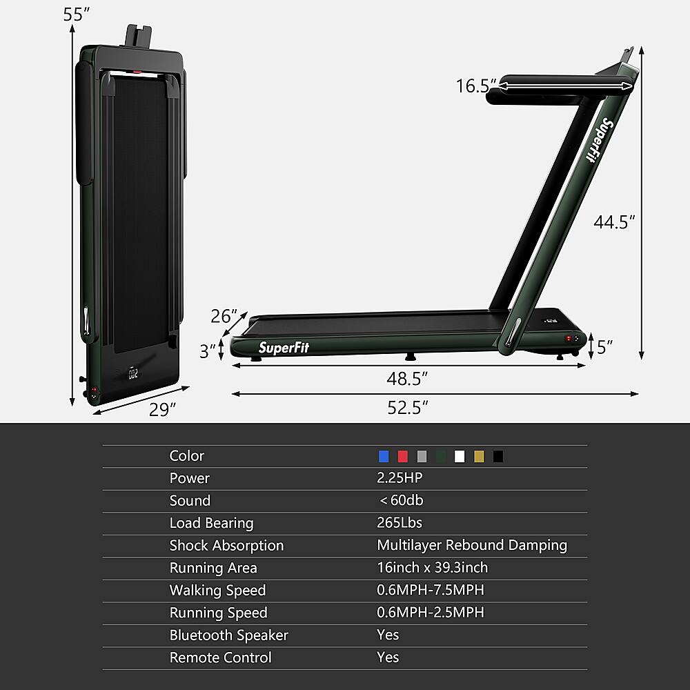 The text on the image has been grouped and corrected as follows:

55" 16.5" SuperFit 44.5" 29" 26" 3" SuperFit 48.5" 52.5" 5" Color Power Sound Load Bearing Shock Absorption Running Area Walking Speed Running Speed Bluetooth Speaker Remote Control 2.25HP :60db 265Lbs Multilayer Rebound Damping 16inch x 39.3inch 0.6MPH-7.5MPH 0.6MPH-2.5MPH Yes Yes