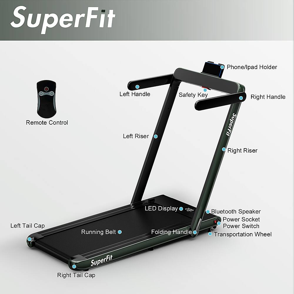 SuperFit Phone/lpad Holder Remote Control Left Handle Left Riser Safety Key Right Handle SuperFit Right Riser Left Tail Cap Running Belt LED Display Folding Handle Bluetooth Speaker Power Socket Power Switch Transportation Wheel SuperFit Right Tail Cap