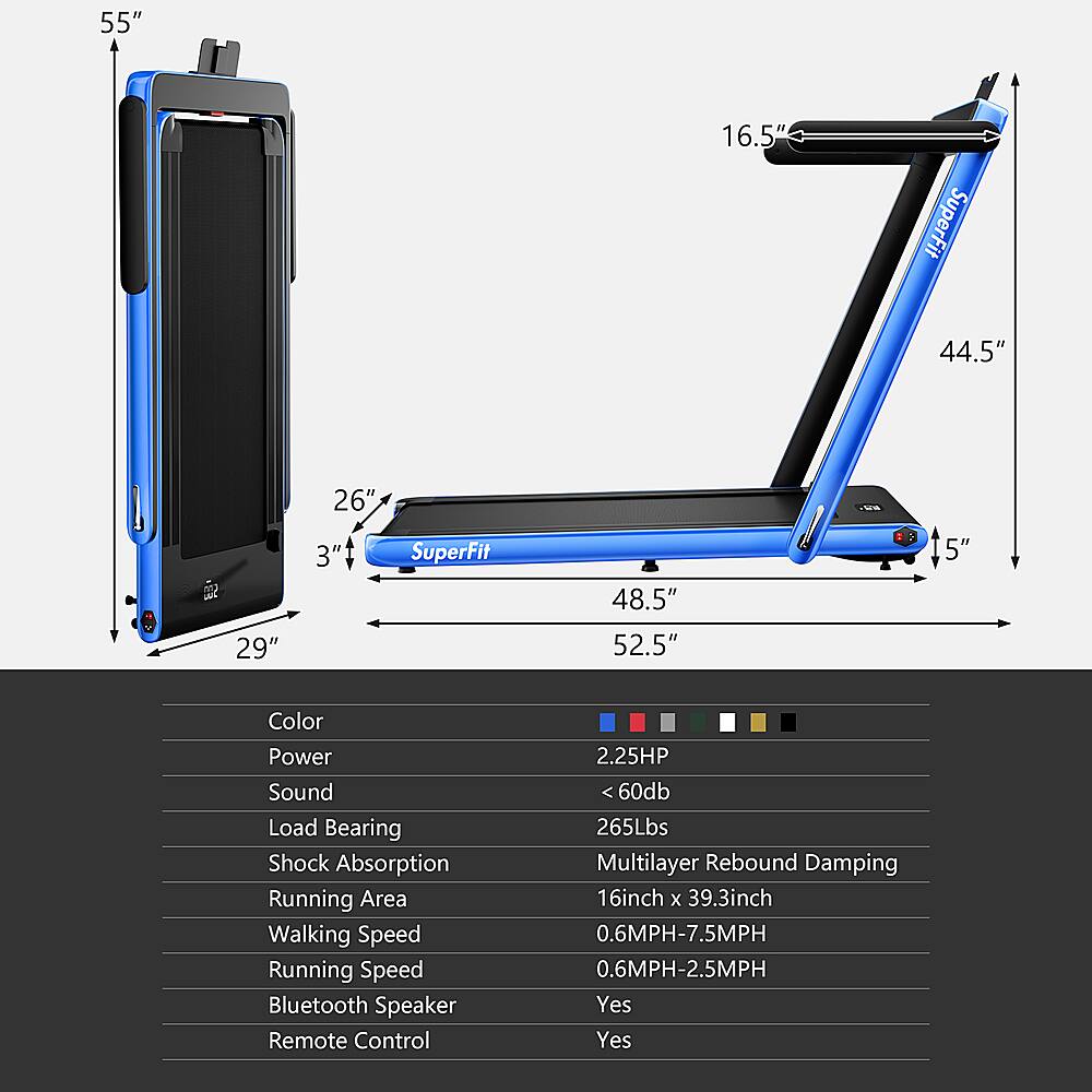 The text on the image is already grouped and correctly formatted. It provides information about the SuperFit treadmill, including its dimensions, features, and specifications.