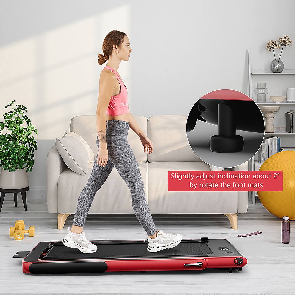 The text on the image reads: "Slightly adjust inclination about 2 by rotate the foot mats."