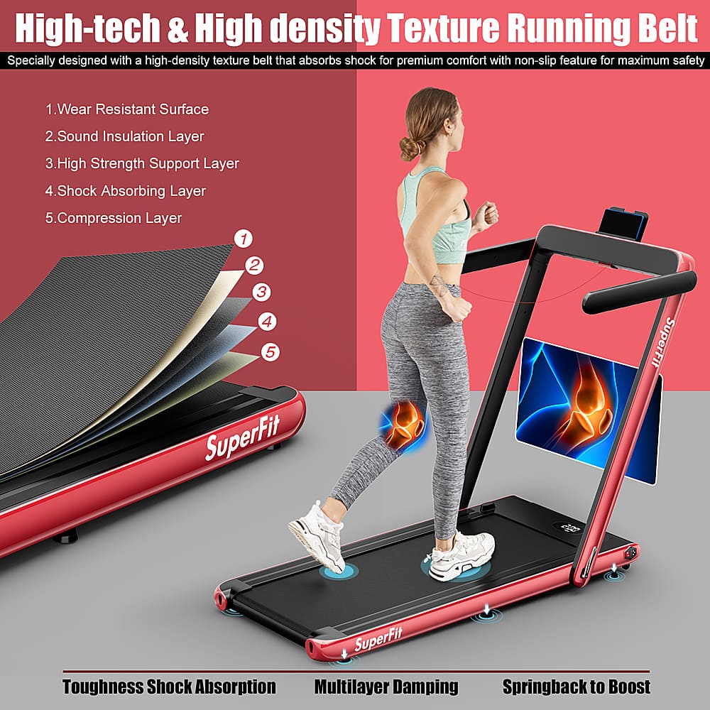 High-tech & High density Texture Running Belt Specially designed with a high-density texture belt that absorbs shock for premium comfort with non-slip feature for maximum safety Wear Resistant Surface 2.Sound Insulation Layer 3.High Strength Support Layer 4.Shock Absorbing Layer 5.Compression Layer 1 2 3 4 5 SuperFit Toughness Shock Absorption Multilayer Damping Springback to Boost