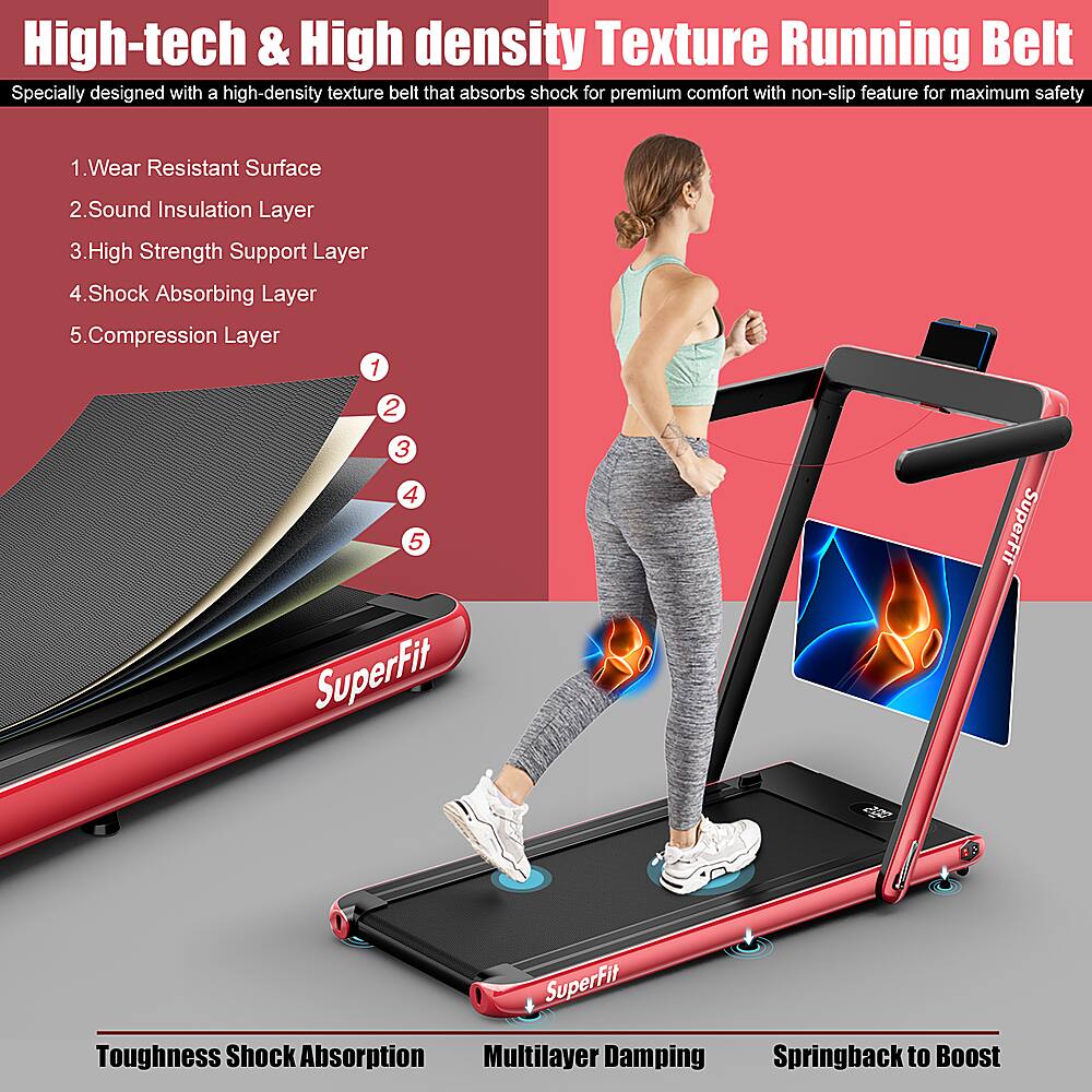 High-tech & High density Texture Running Belt Specially designed with a high-density texture belt that absorbs shock for premium comfort with non-slip feature for maximum safety Wear Resistant Surface 2.Sound Insulation Layer 3.High Strength Support Layer 4.Shock Absorbing Layer 5.Compression Layer 1 2 3 4 5 SuperFit Toughness Shock Absorption Multilayer Damping Springback to Boost