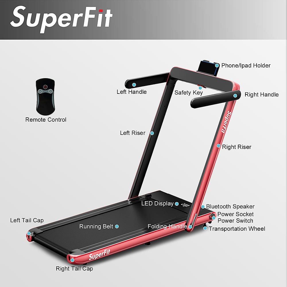 SuperFit Phone/lpad Holder Remote Control Left Handle Left Riser Safety Key Right Handle SuperFit Right Riser Left Tail Cap Running Belt LED Display Folding Handle Bluetooth Speaker Power Socket Power Switch Transportation Wheel SuperFit Right Tail Cap