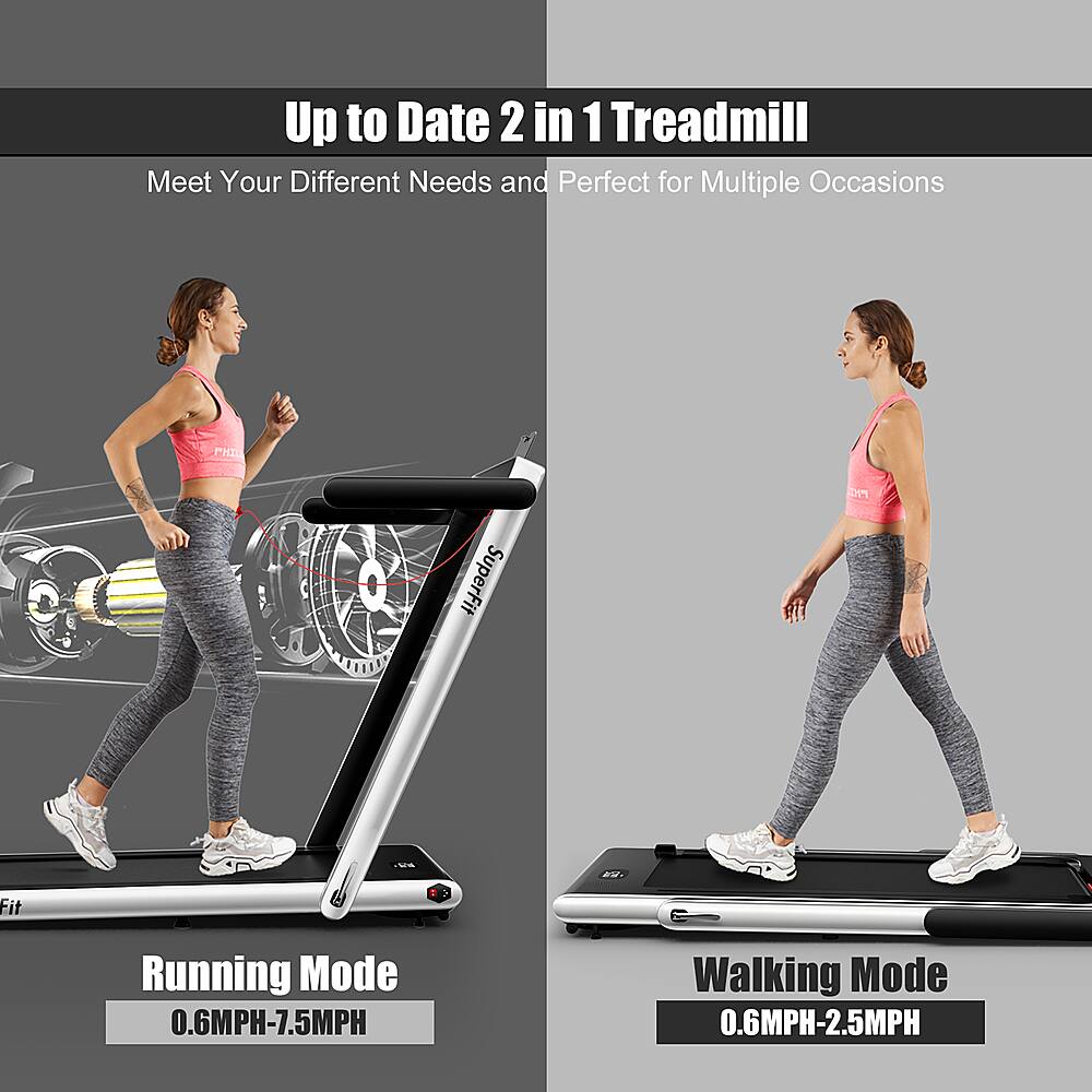 Up to Date 2 in 1 Treadmill Meet Your Different Needs and Perfect for Multiple Occasions. SuperFit Fit Running Mode: 0.06-7.5MPH. Walking Mode: 0.06-2.5MPH.