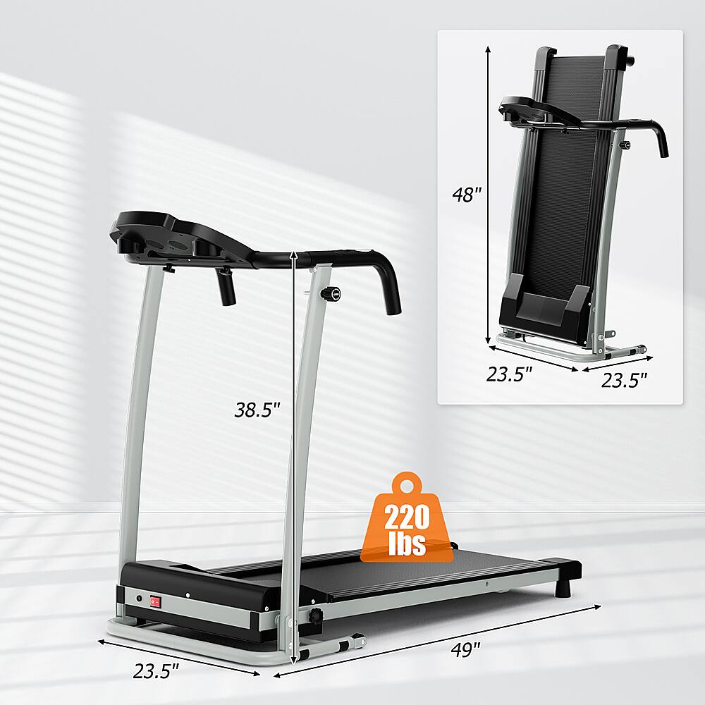 The text on the image is grouped and corrected as follows:

48" 38.5" 23.5" 23.5" 220 lbs - 23.5" 49"

This text describes the dimensions and weight capacity of the exercise machine. The dimensions are 48" (height) and 38.5" (width), while the weight capacity is 220 lbs. The machine is designed to accommodate users up to 49" in height.