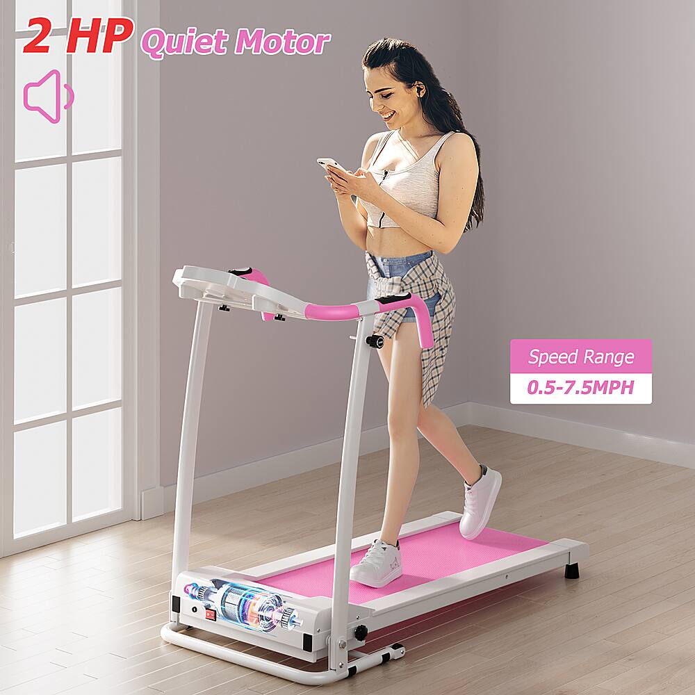The image features a woman standing on a pink treadmill with a 2 HP quiet motor. The speed range of the treadmill is 0.5-7.5 MPH. The woman is holding a cell phone, likely using it while exercising. The scene appears to be set in a room with a window in the background.