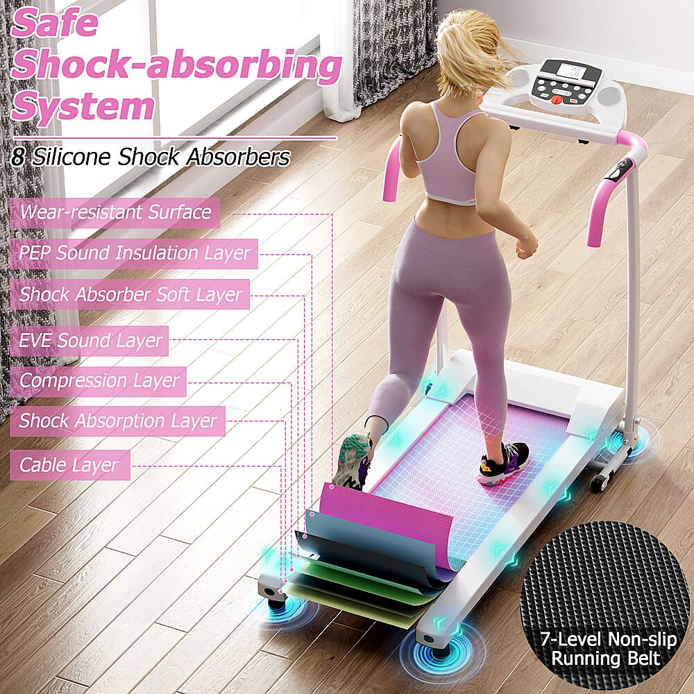 The text on the image is already grouped and correctly written. It reads: "Safe Shock-absorbing System 8 Silicone Shock Absorbers P Wear-resistant Surface PEP Sound Insulation Layer Shock Absorber Soft Layer EVE Sound Layer Compression Layer Shock Absorption Layer Cable Layer 7-Level Non-slip Running Belt."