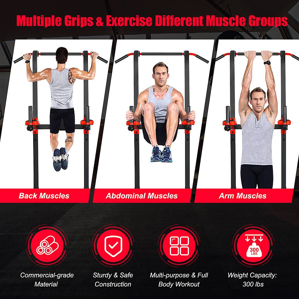 The text on the image is grouped and corrected as follows:

Multiple Grips & Exercise Different Muscle Groups:

* Back Muscles
* Abdominal Muscles
* Arm Muscles

Features:

* Commercial-grade
* Sturdy & Safe
* Multi-purpose & Full
* Material Construction
* Body Workout
* Weight Capacity: 300 lbs
* 300 LBS

This image showcases a workout equipment that targets different muscle groups, including back, abdominal, and arm muscles. The equipment is made of sturdy and safe materials, suitable for commercial use. It is designed for a full-body workout, and its weight capacity is 300 lbs. The image also emphasizes the multi-purpose nature of the equipment, making it suitable for various exercises and workout routines.
