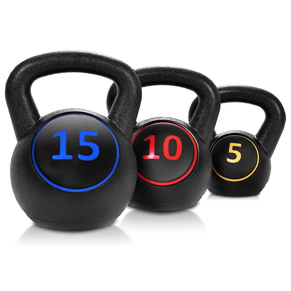 Front. Costway - 3-Piece Kettlebell Weights Set, Weight Available 5, 10, 15 lbs, HDPE Kettlebell for Strength and Conditioning - Red, Blue, Yellow.