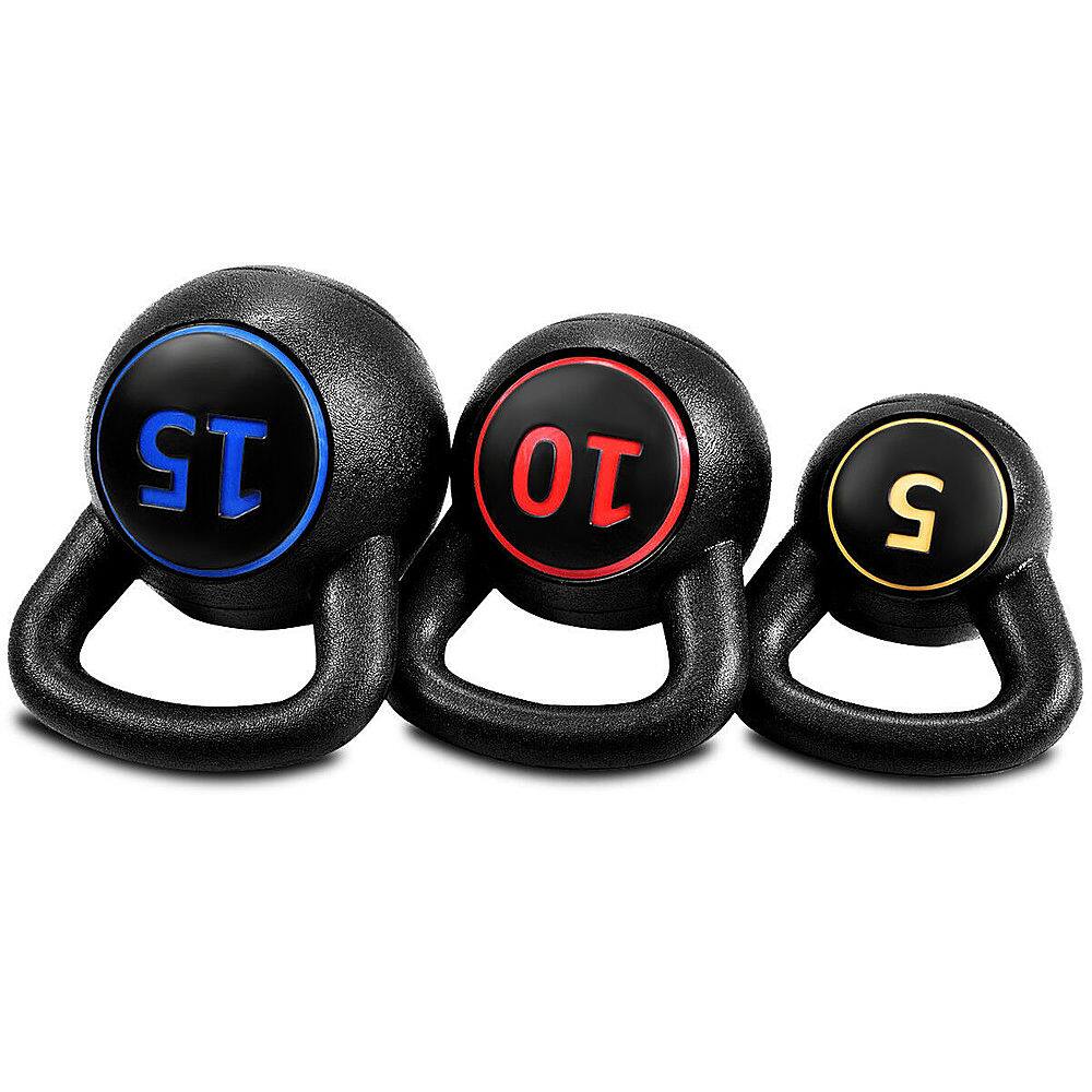 Alt View 11. Costway - 3-Piece Kettlebell Weights Set, Weight Available 5, 10, 15 lbs, HDPE Kettlebell for Strength and Conditioning - Red, Blue, Yellow.