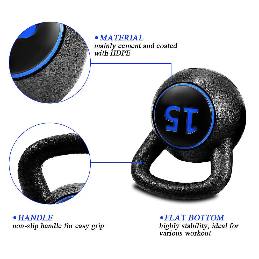 The image features a black dumbbell with a blue logo. The dumbbell has a non-slip handle for easy grip and a flat bottom for stability. The material is mainly cement and coated with HDPE. The dumbbell is ideal for various workouts.