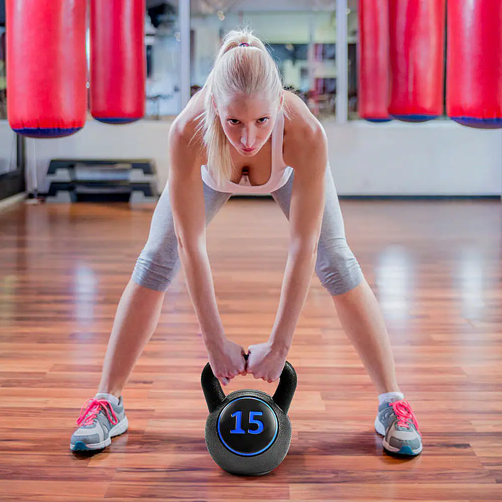 Alt View 14. Costway - 3-Piece Kettlebell Weights Set, Weight Available 5, 10, 15 lbs, HDPE Kettlebell for Strength and Conditioning - Red, Blue, Yellow.