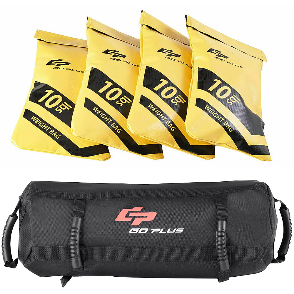 The image features a black bag and four yellow bags, each labeled with the number "10." The black bag is placed next to the yellow bags, and they are all arranged in a visually appealing manner. The text on the image suggests that these bags are designed for weight training, with the yellow bags possibly being weight bags and the black bag being a weight bag bag. The combination of the black and yellow bags, along with the weight bags, indicates that this is a product designed for fitness enthusiasts who engage in weight training activities.
