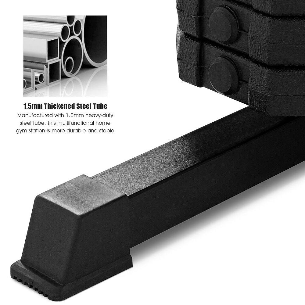 The text on the image reads: "1.5mm Thickened Steel Tube Manufactured with 1.5mm heavy-duty steel tube, this multifunctional home gym station is more durable and stable."