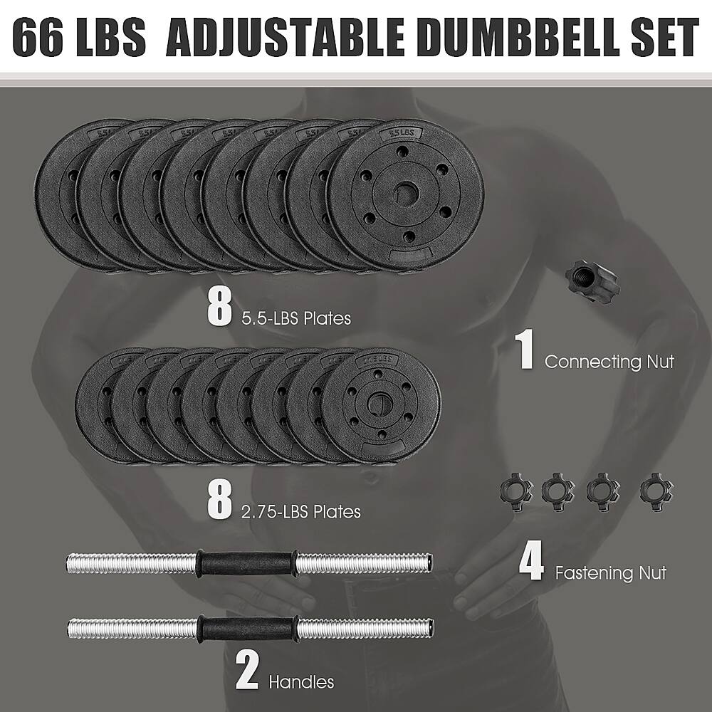66 LBS ADJUSTABLE DUMBBELL SET:

* S5L 531 SAE: 550 SSU 550 555 SSLBS
* 8 5.5-LBS Plates
* 22E3 1 Connecting Nut
* 8 2.75-LBS Plates
* 4 Fastening Nut
* 2 Handles