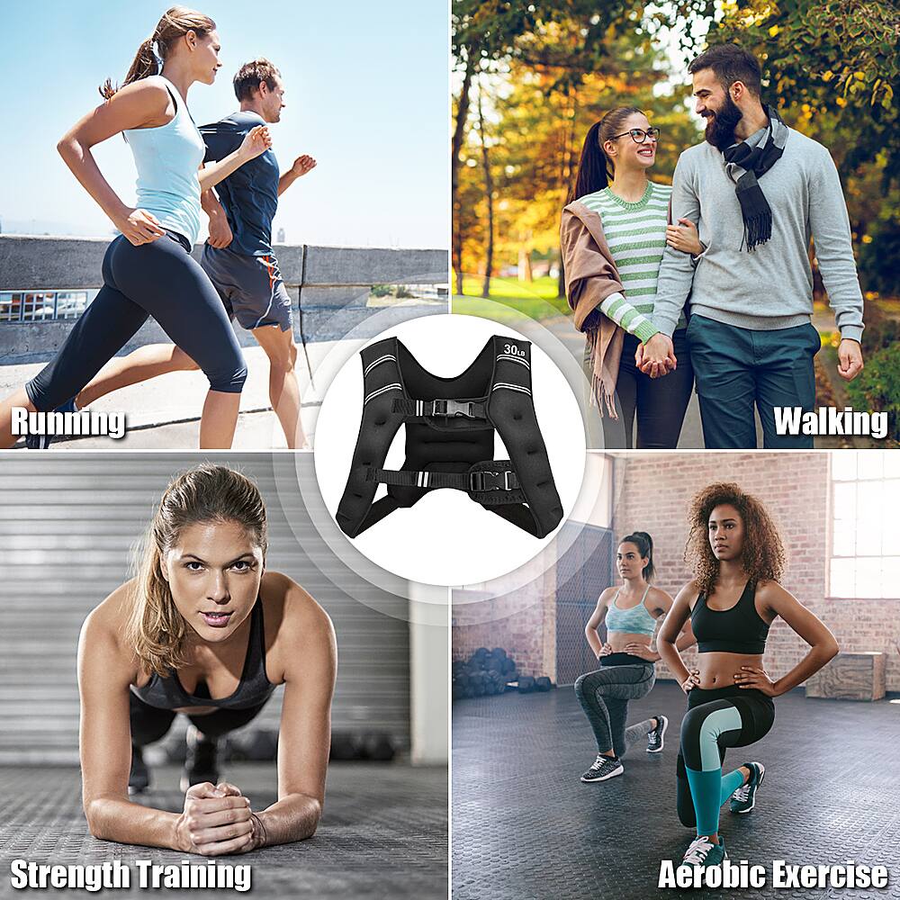 The text on the image is grouped and corrected as follows:

1. Running: A woman running on a treadmill.
2. Walking: A man and woman walking together.
3. Strength Training: A woman doing a strength training exercise.
4. Aerobic Exercise: A woman doing an aerobic exercise on a bike.

These four images showcase different types of exercise, including running, walking, strength training, and aerobic exercise.