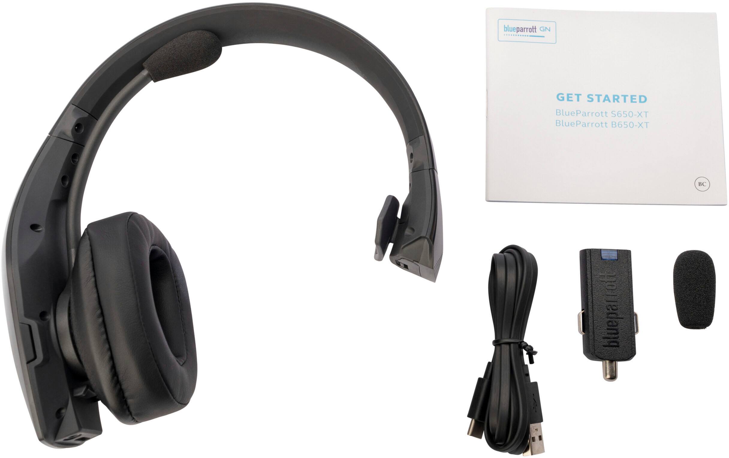 The image features a pair of BlueParrott headphones with a microphone and a manual. The headphones are designed for use with a computer or a mobile device, providing clear audio and communication. The headphones come with a USB cable for easy connectivity and a user guide for setup and usage.
