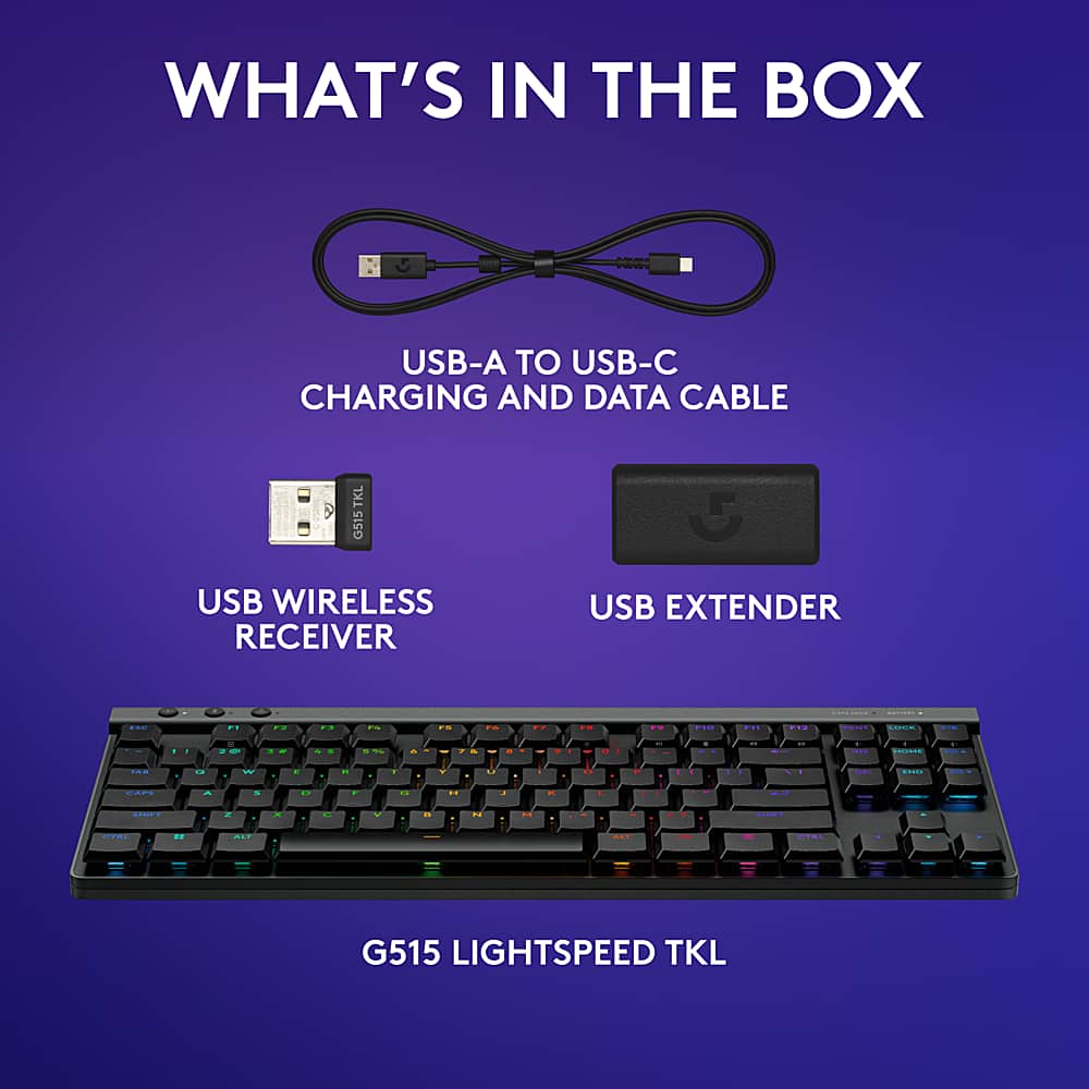 The text on the image is already grouped and correctly formatted. It reads:
WHAT'S IN THE BOX USB-A TO USB-C CHARGING AND DATA CABLE TKL G515 G USB WIRELESS RECEIVER USB EXTENDER .
