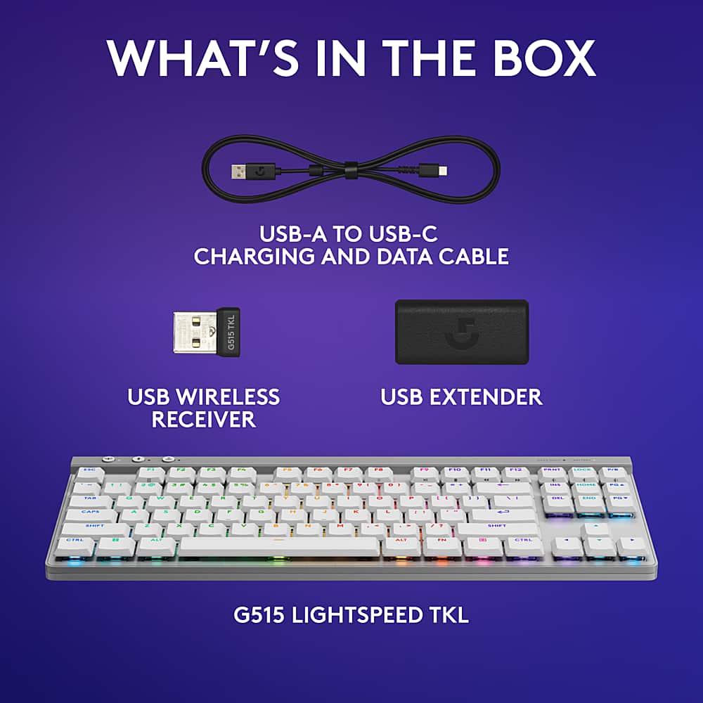 What's in the box:
1. USB-A to USB-C charging and data cable
2. TKL G515 5 USB wireless receiver
3. USB extender
The image features a close-up of a keyboard, which is likely the G515 Lightspeed TKL. The keyboard is accompanied by a USB-A to USB-C charging and data cable, a TKL G515 5 USB wireless receiver, and a USB extender.
