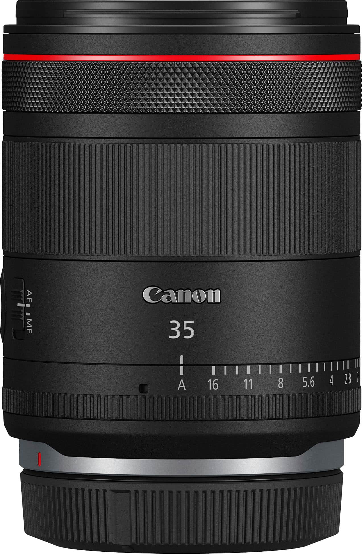 The text on the image reads "AF MF Canon 35 I A 16 11 8 5.6 4 2.8 1 I A." This text is likely describing the specifications of a Canon camera lens. The "AF" stands for autofocus, "MF" stands for manual focus, "Canon" refers to the brand, "35" indicates the focal length, "I" stands for image stabilization, "A" indicates the aperture, "16" and "11" represent the minimum and maximum aperture values, "8" is the lens element count, "5.6" is the maximum aperture, "4" is the minimum aperture, and "2.8" is the aperture range. The "1" at the end could be a reference to the lens model or a unique identifier.