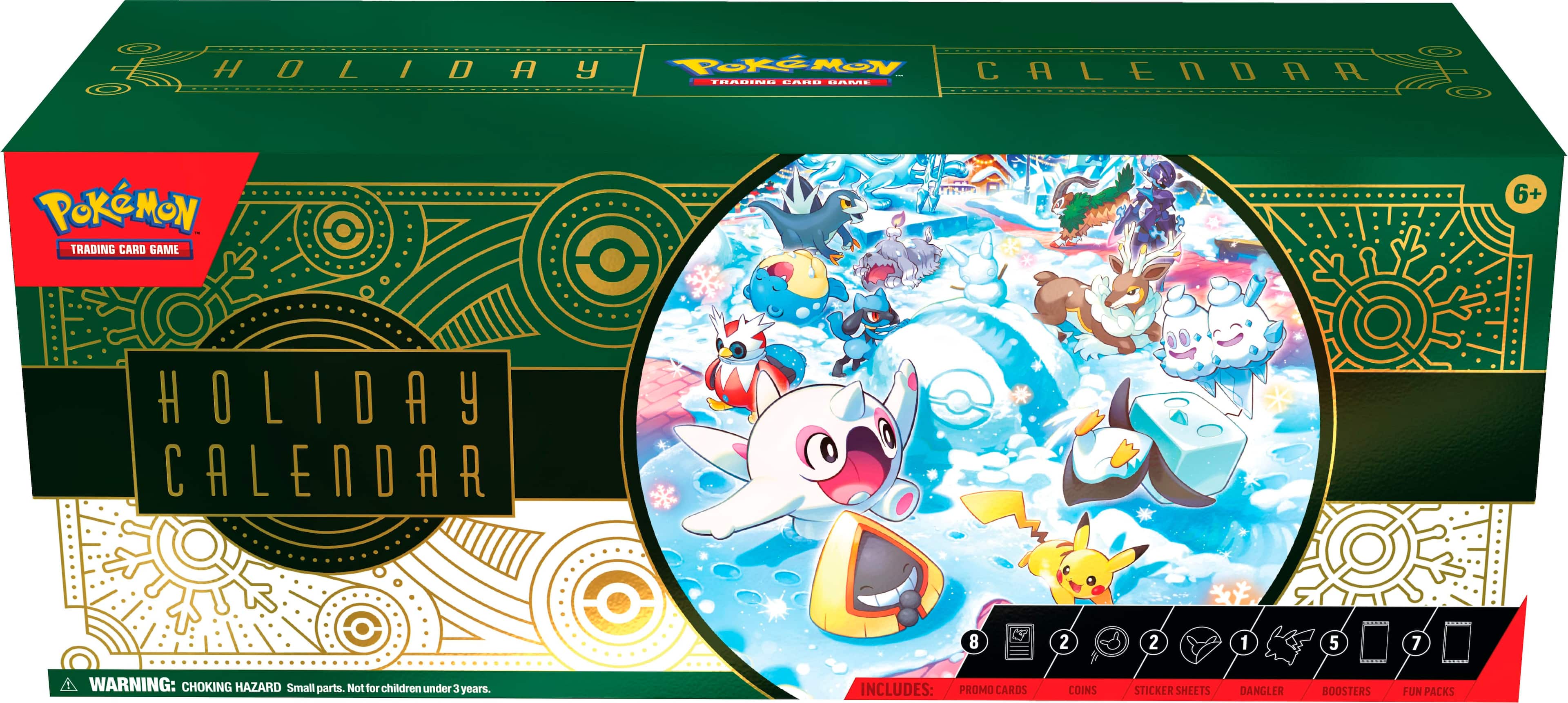 The image features a Pokemon Holiday Calendar box, which includes a holiday calendar, promo cards, coins, sticker sheets, dangler boosters, and fun packs. The box is designed to be a fun and engaging way for Pokemon fans to celebrate the holiday season. The calendar is a central part of the box, and it is likely that the other items are meant to be used as rewards or prizes for completing certain tasks or milestones throughout the year. The box is intended for Pokemon enthusiasts of all ages, but it is important to note that small parts may pose a choking hazard for children under three years old.