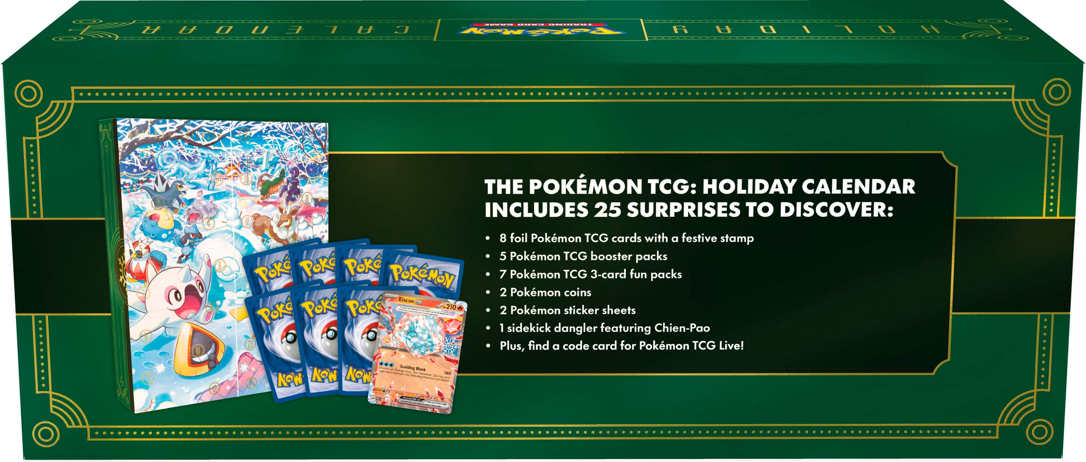 The Pokemon TCG: Holiday Calendar includes 25 surprises to discover. It features Pokemon cards, booster packs, and other items such as coins and stickers. The calendar also comes with a code card for Pokemon TCG Live!