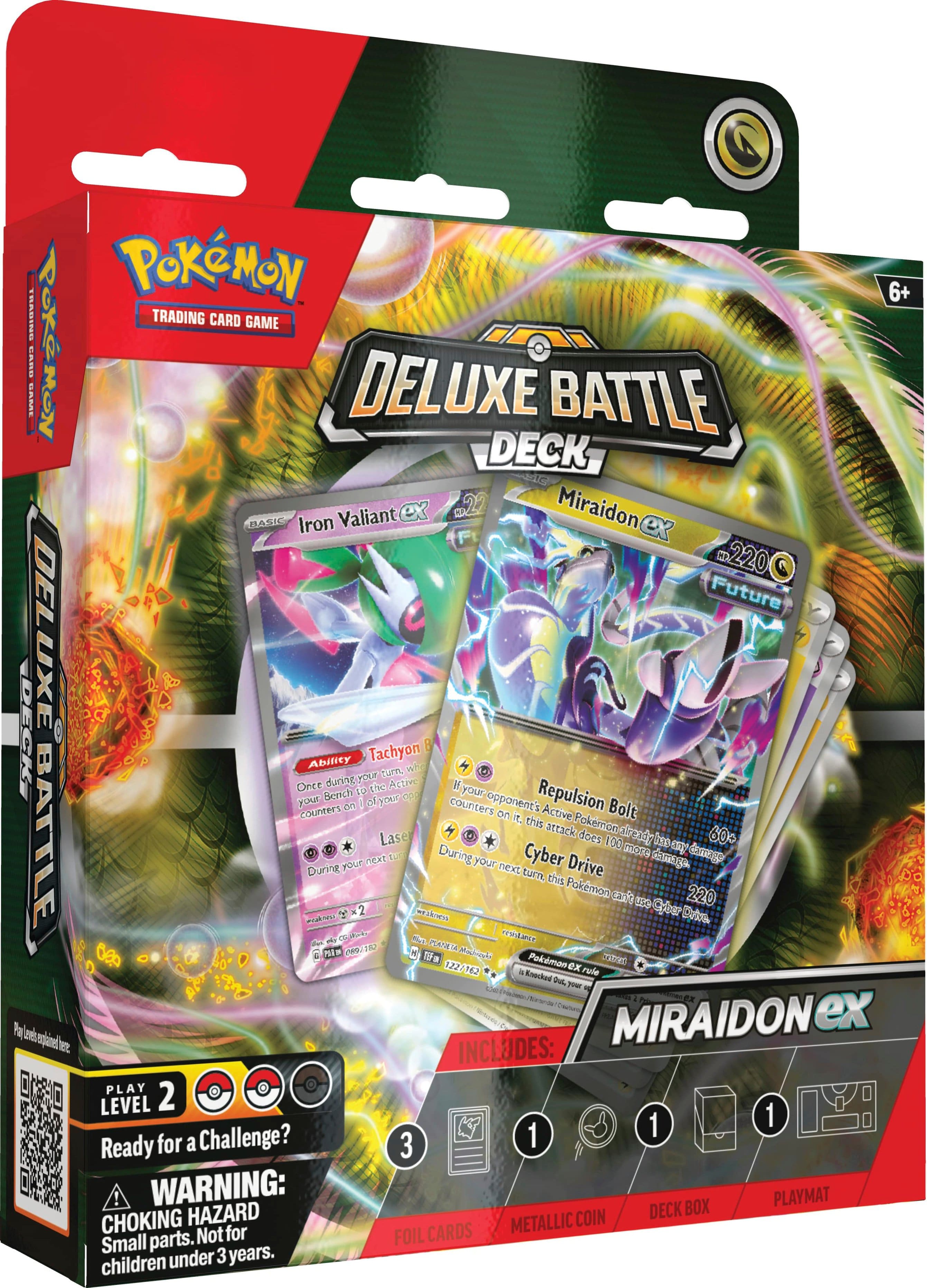 Pokemon Deluxe Battle Deck Valiant, Miraidon Basic, Iron Leaf, and Future Deck UXE Ability Tachyon Tackle. This deck includes 220 cards, 120 of which are Miraidon EX. The deck is designed for level 2 play and is ready for a challenge. However, it is important to note that the box contains small parts and is not suitable for children under 3 years of age.