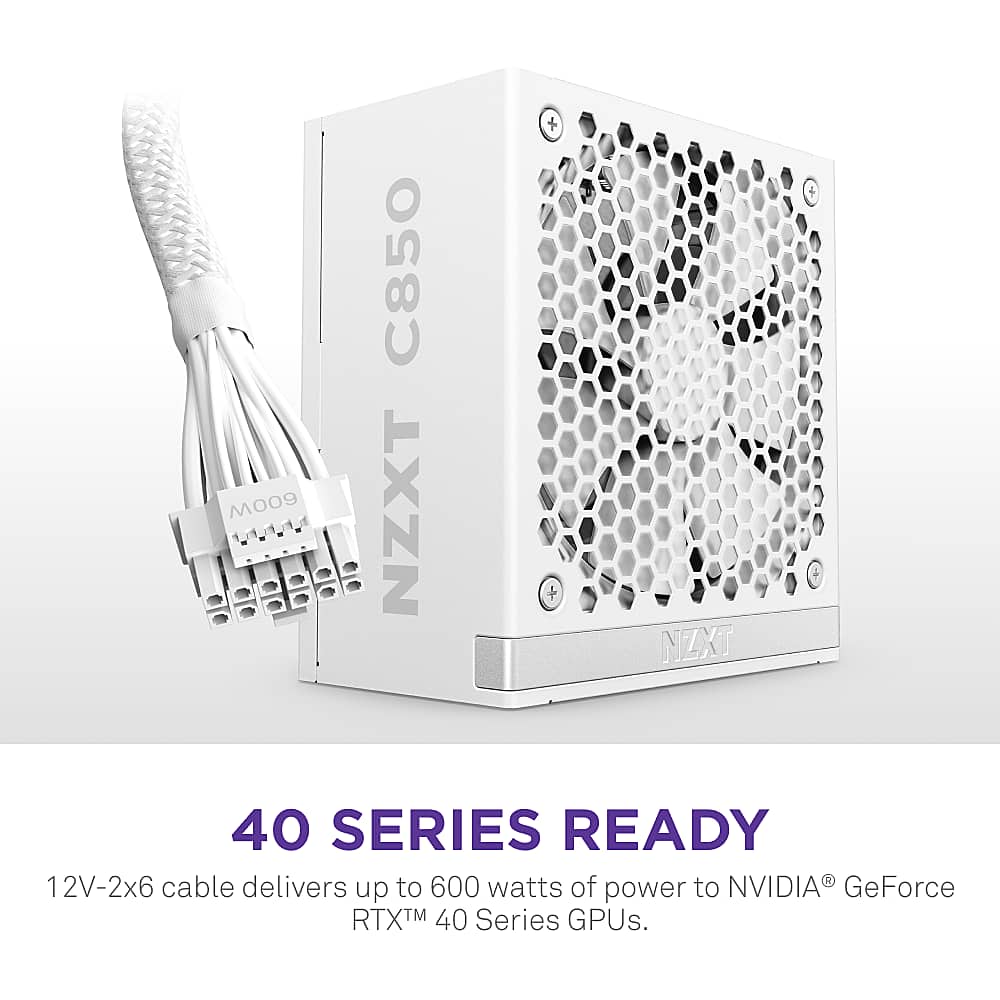 NZXT C850 40 Series Ready 12V-2x6 cable delivers up to 600 watts of power to NVIDIA GeForce RTX 40 Series GPUs.