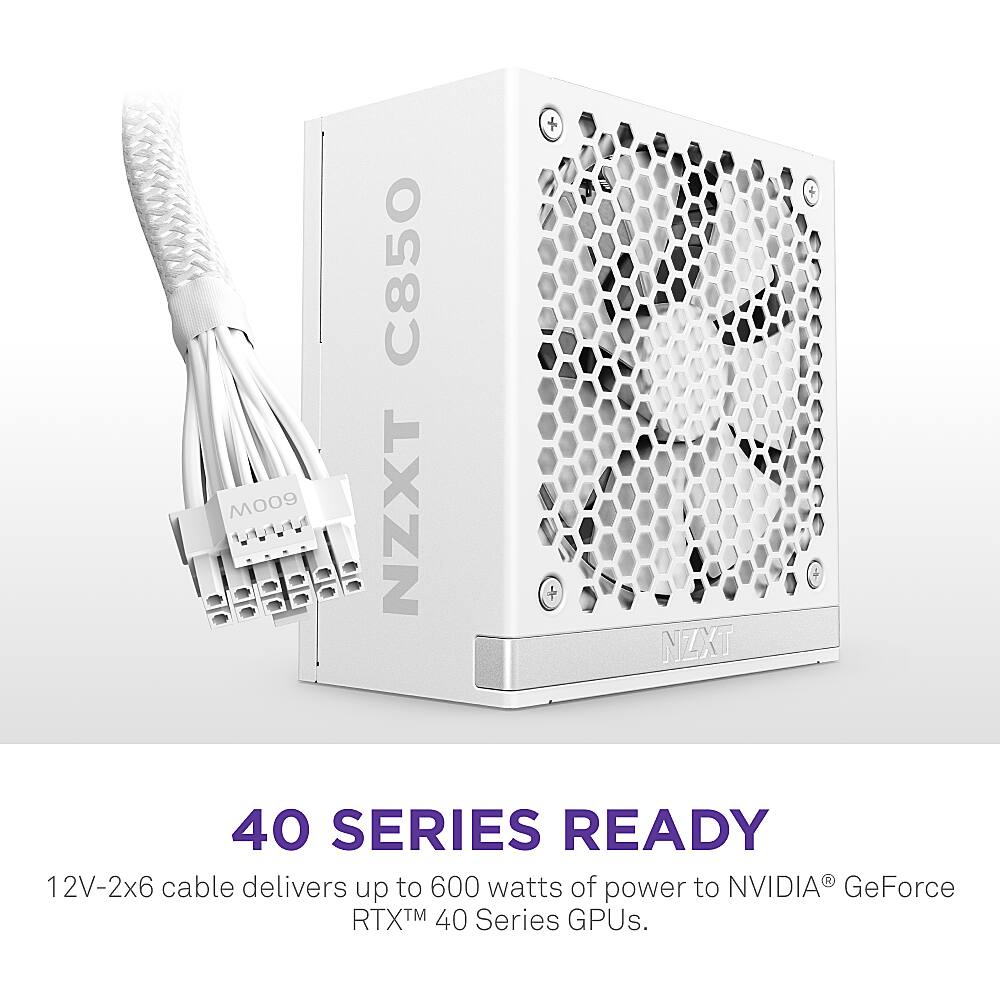 NZXT C850 40 Series Ready 12V-2x6 cable delivers up to 600 watts of power to NVIDIA GeForce RTX 40 Series GPUs.