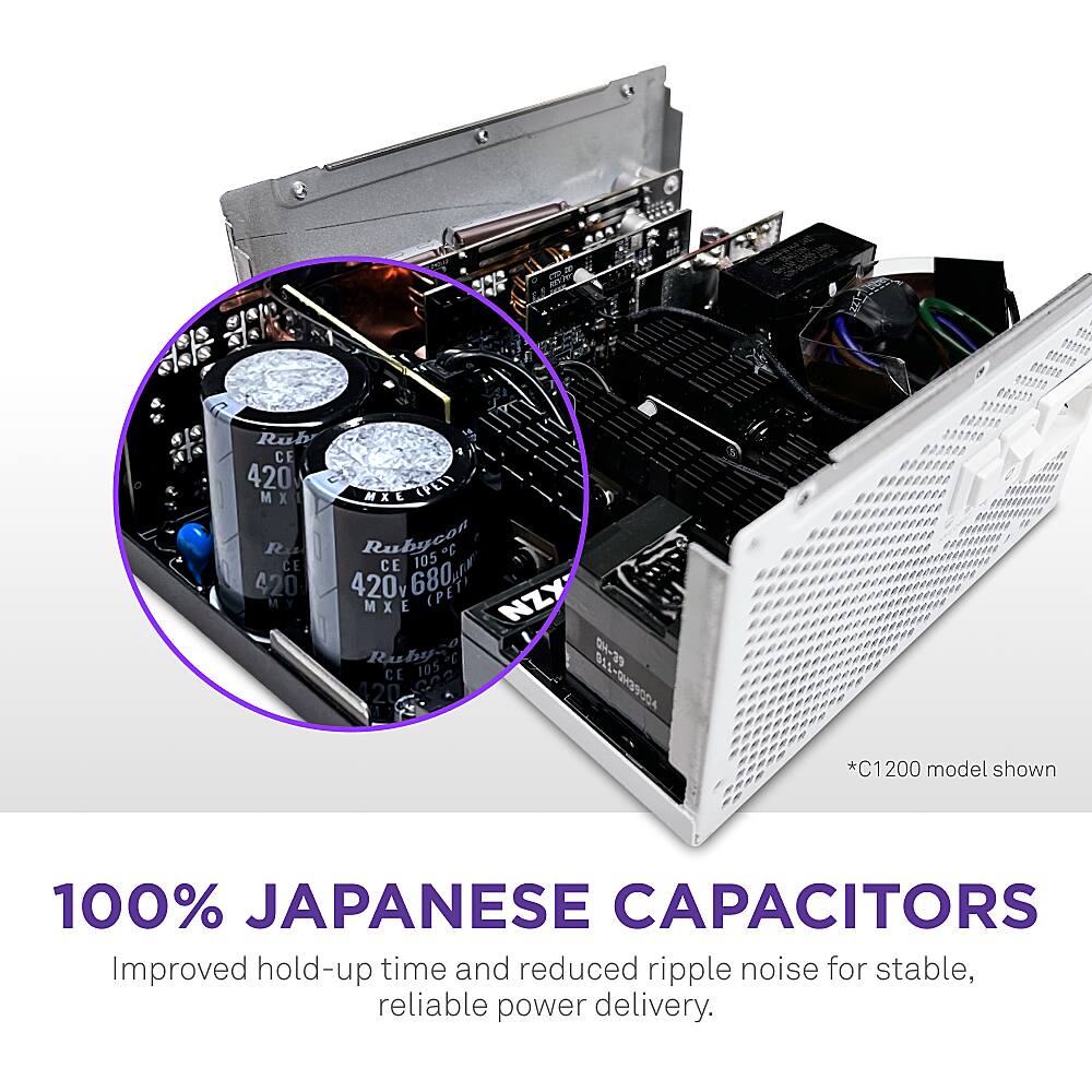 The text on the image is already grouped and correctly written. It reads: "100% JAPANESE CAPACITORS Improved hold-up time and reduced ripple noise for stable, reliable power delivery. C1200 model shown."