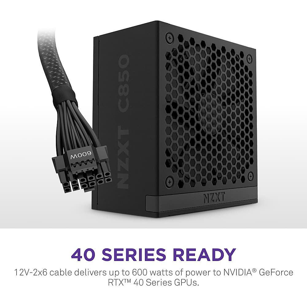 NZXT 40 Series Ready 12V-2x6 cable delivers up to 600 watts of power to NVIDIA GeForce RTX 40 Series GPUs.