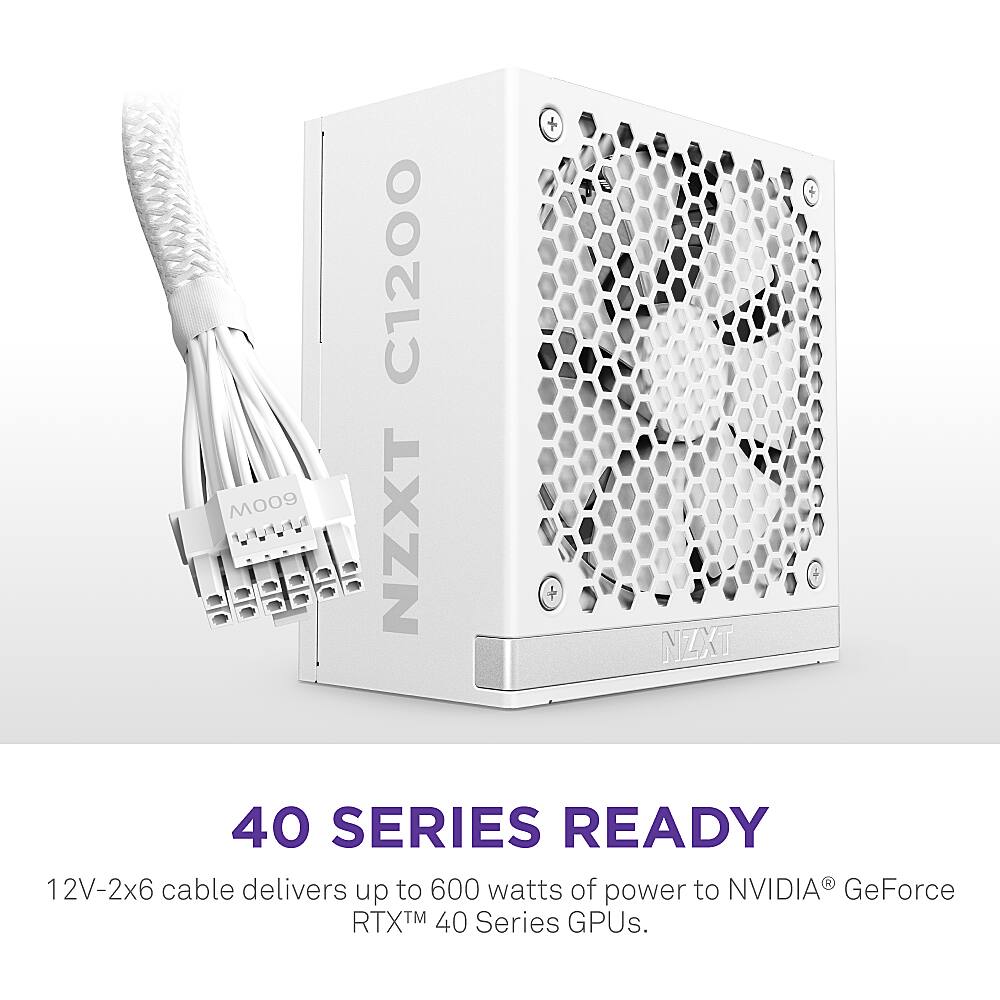 NZXT C1200 40 SERIES READY 12V-2x6 cable delivers up to 600 watts of power to NVIDIA GeForce RTX 40 Series GPUs.