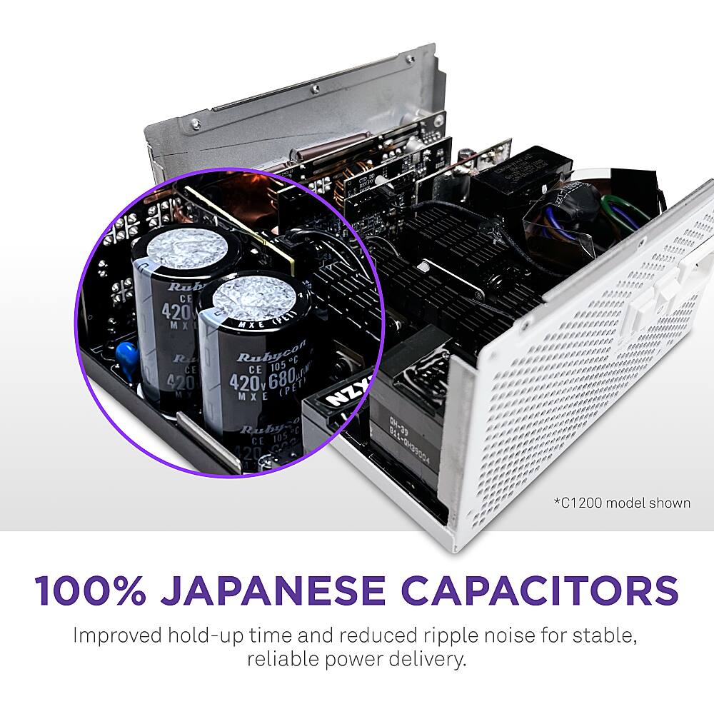 100% Japanese capacitors. Improved hold-up time and reduced ripple noise for stable, reliable power delivery.